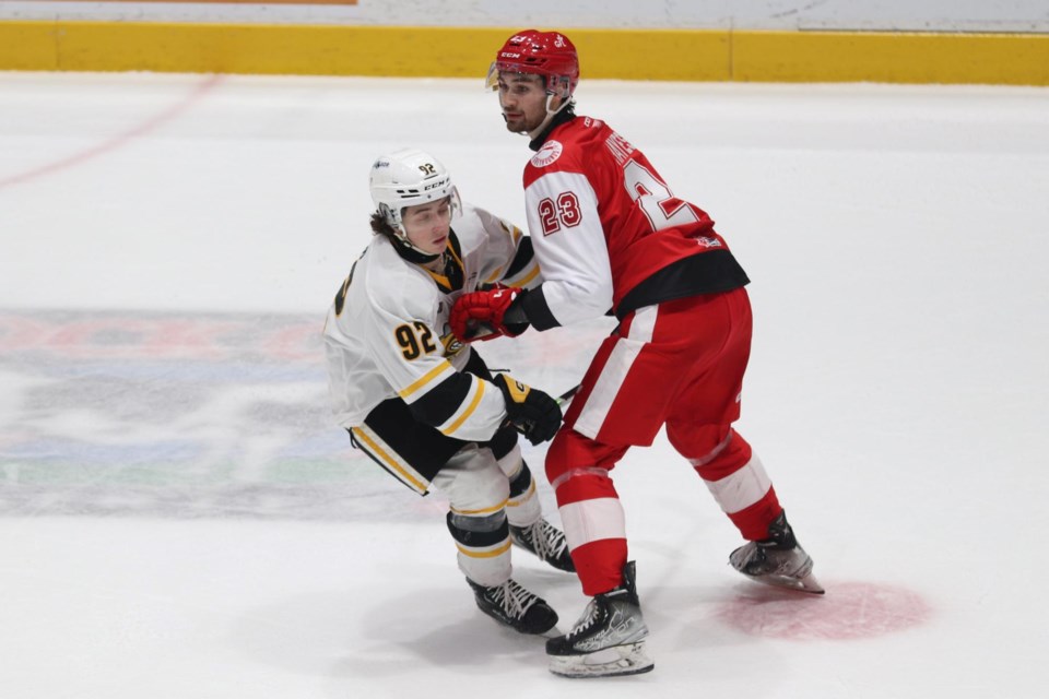 OHL action between the Soo Greyhounds and Sarnia Sting at the GFL Memorial Gardens on March 3, 2024.