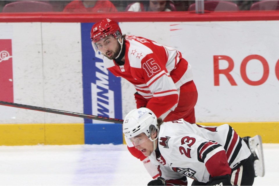 OHL action between the Soo Greyhouunds and Guelph Storm at the GFL Memorial Gardens on March 8, 2024.