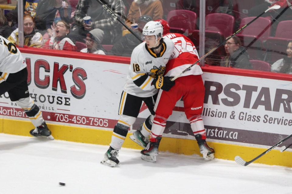 OHL action between the Soo Greyhounds and Sarnia Sting at the GFL Memorial Gardens on March 20, 2024.