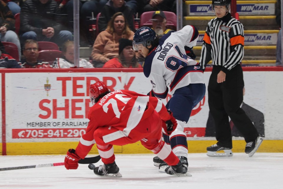 OHL action between the Soo Greyhounds and Saginaw Spirit at the GFL Memorial Gardens on March 24, 2024.