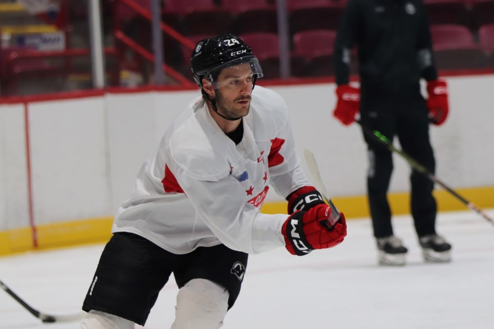 New Jersey Devils defenceman Colin MIller participated in practice during the Soo Greyhounds training camp on Sept. 1, 2023.
