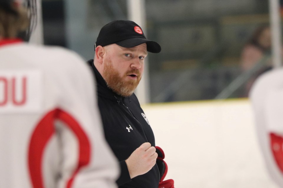 Soo Greyhounds assistant coach Brendan Taylor during the 2024 development camp at the John Rhodes Community Centre on May 4, 2024.