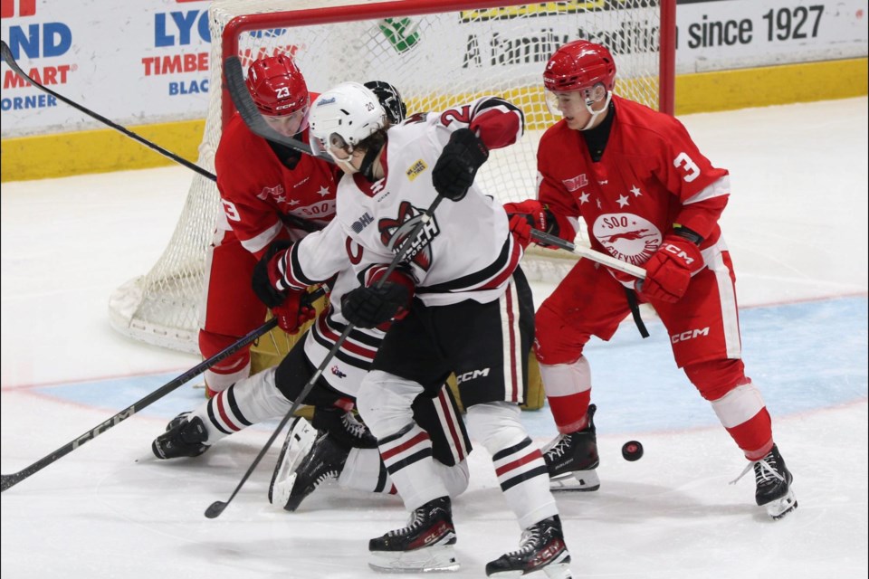 OHL action between the Soo Greyhounds and Guelph Storm at the GFL Memorial Gardens on Jan. 11, 2025.