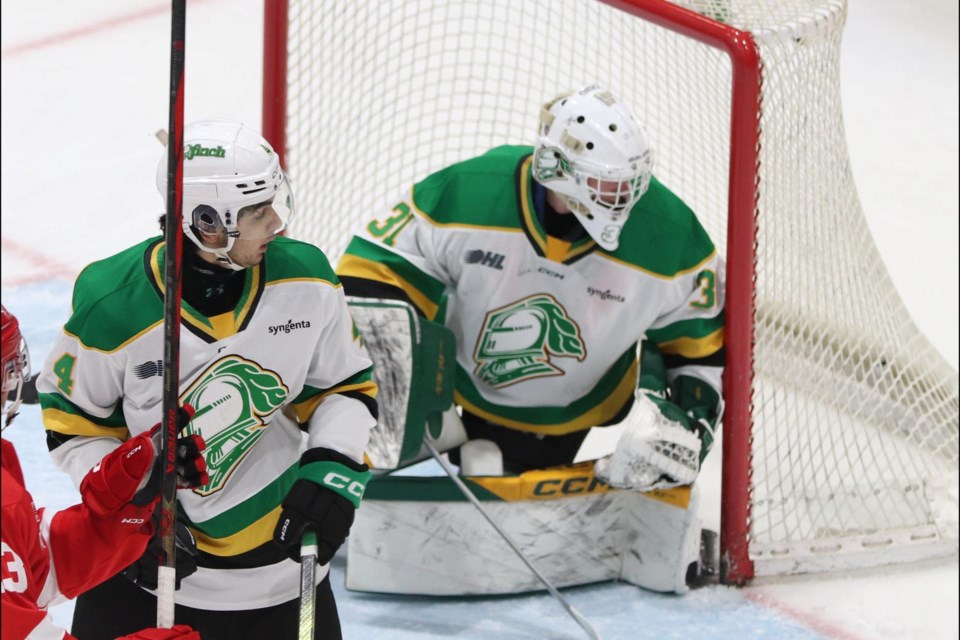 OHL action between the Soo Greyhounds and London Knights at the GFL Memorial Gardens on Jan. 26, 2025.