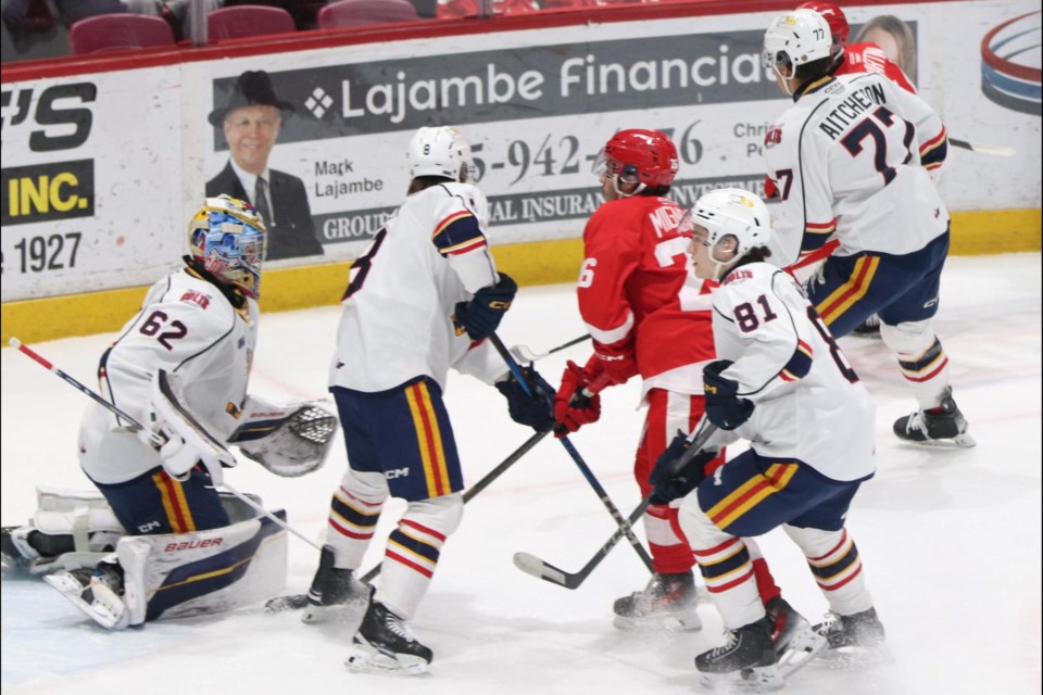 OHL action between the Soo Greyhounds and Barrie Colts at the GFL Memorial Gardens on March 7, 2025.