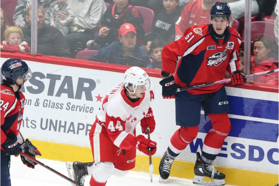 OHl action between the Soo Greyhounds and Windsor Spitfires at the GFL Memorial Gardens on Nov. 17, 2024.