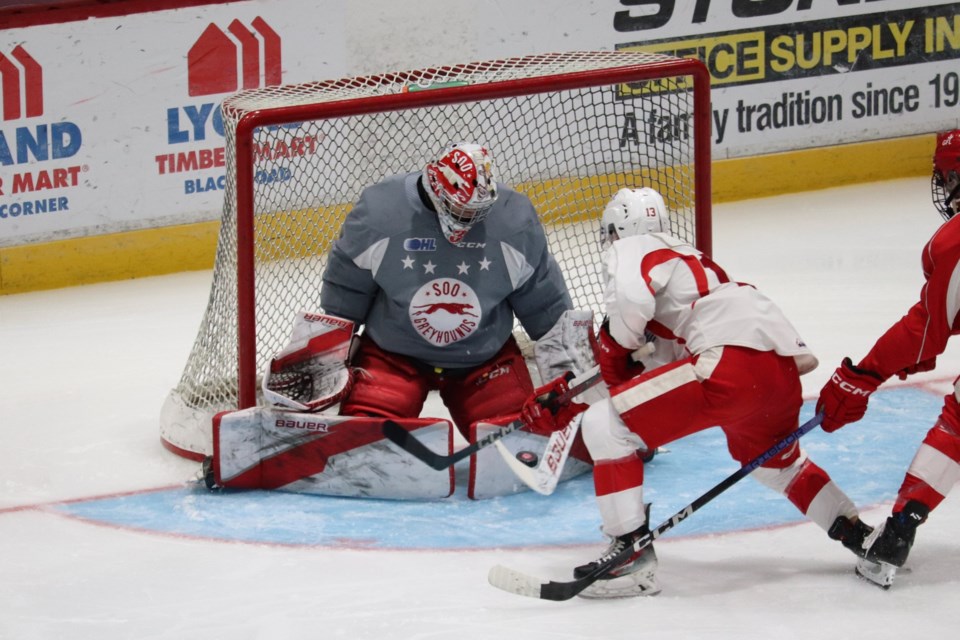 Charlie Schenkel makes a save during the Soo Greyhounds annual Luke Williams Memorial Red and White game at the GFL Memorial Gardens on Aug. 30, 2024.