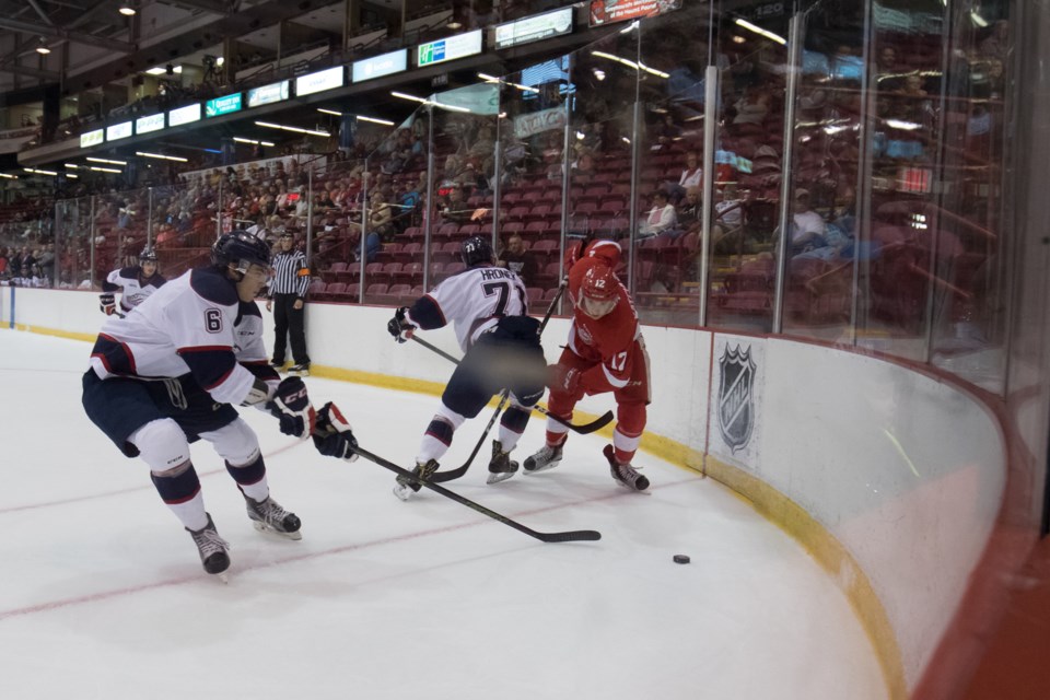 Action during Sunday's OHL exhibition game between the Soo Greyhounds and Saginaw Spirit at the Essar Centre. Jeff Klassen/SooToday