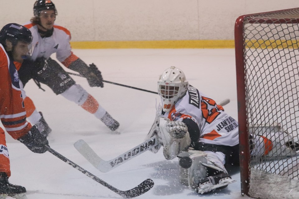 Action from game five of the NOJHL final between the Soo Thunderbirds and Hearst Lumberjacks at the John Rhodes Community Centre. Brad Coccimiglio/SooToday