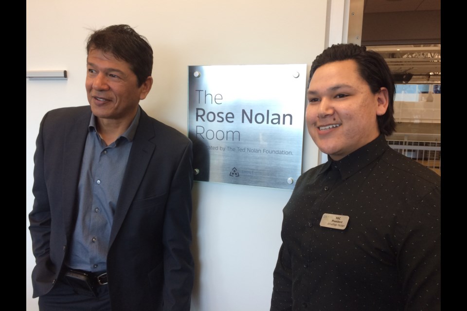 Ted Nolan and nephew Jonathan Nolan, president of Sault College's Native Student Council, are pictured at the dedication of the Rose Nolan Health and Wellness Boardroom on Monday, March 20, 2017. David Helwig/SooToday.