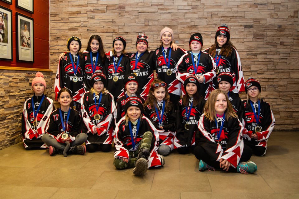 U10 Players: (front row) Amelia Peltonen-Boisvert, Carmen Rosebrook; (middle row) Vanessa Wiseman, Jessica Fasanello, Maelle Brown, Cameron Galizia, Reese O’Neil, Kylie Beland, Makensy Jarrell, Sophie Marcellus; (back row) Haylee Proulx, Erika Bernardo, Matthea Brown, Alex Lepore, Melina Bernardo, Maisie LaBerge, Avery Gauthier. U10 Bench Staff (not shown): Amy Peltonen, Karen Rosebrook, Steven Marcellus, Rob Beland, and Tammy Bernardo. Photo supplied