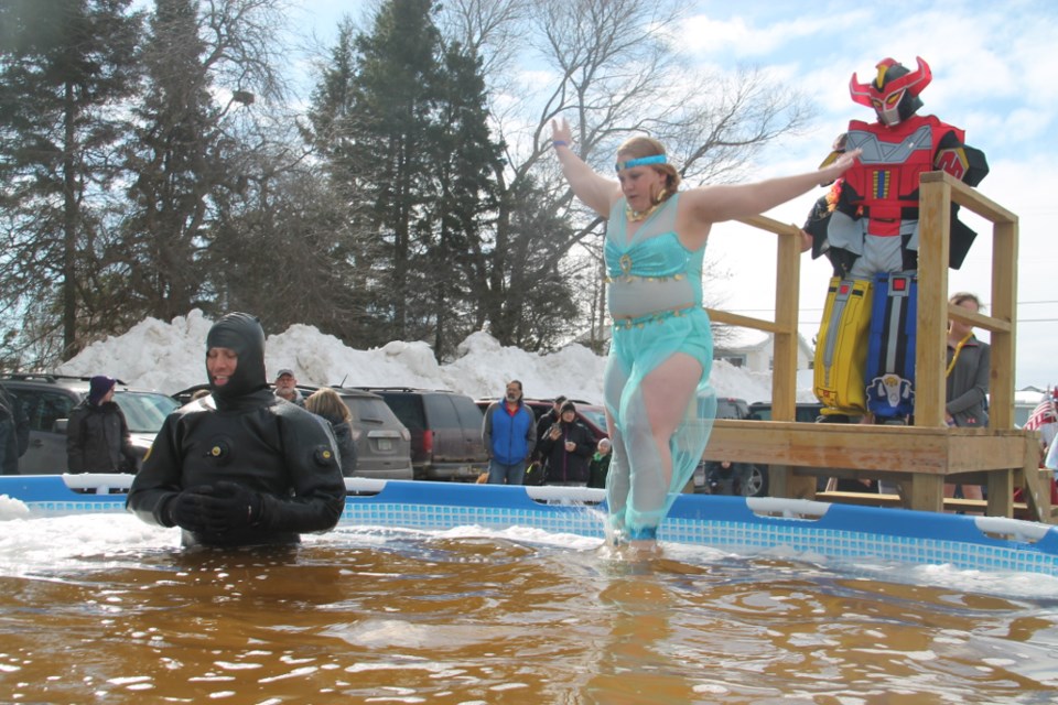 Civilians, many of them in costumes, joined law enforcement officers from Sault, Ontario and Sault, Michigan in the Polar Plunge fundraiser for Special Olympics, the plunge taking place in Sault, Michigan, March 10, 2018. Darren Taylor/SooToday