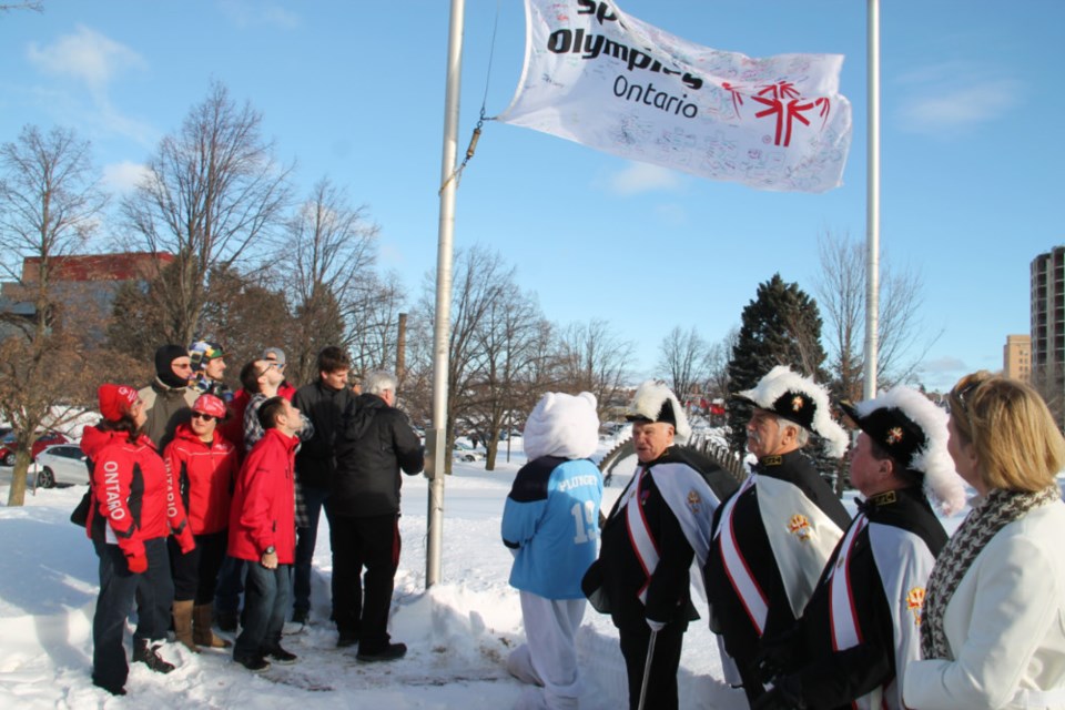 Special Olympics athletes, volunteers and Knights of Columbus members raise the Special Olympics flag at the Civic Centre, Jan. 9, 2019. Darren Taylor/SooToday