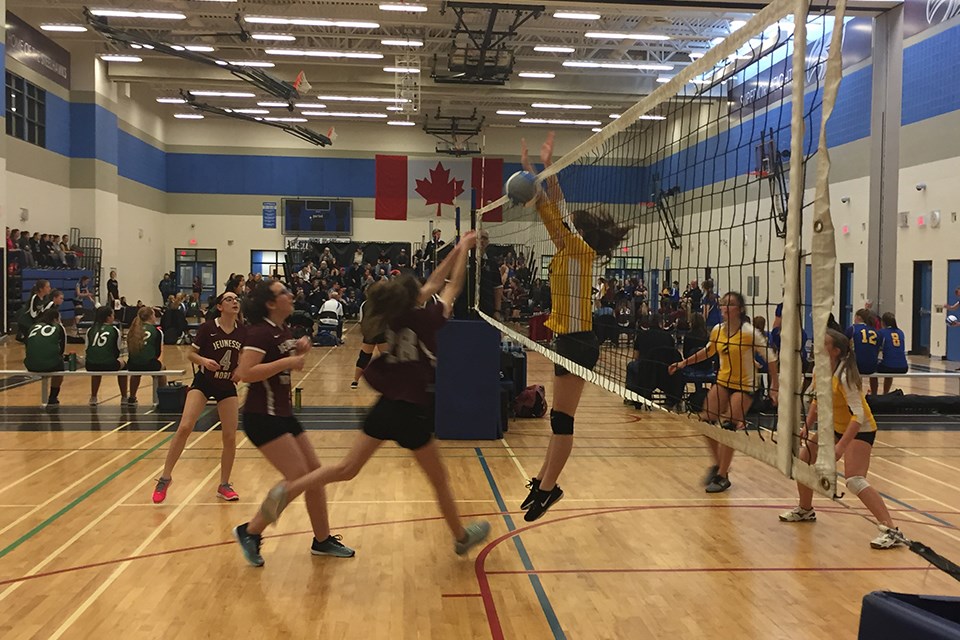 A member of the Korah Colts attempts a block against Blind River's École Secondaire Jeunesse-Nord during their opening game at the Superior Heights Invitational. Derek Turner/SooToday
