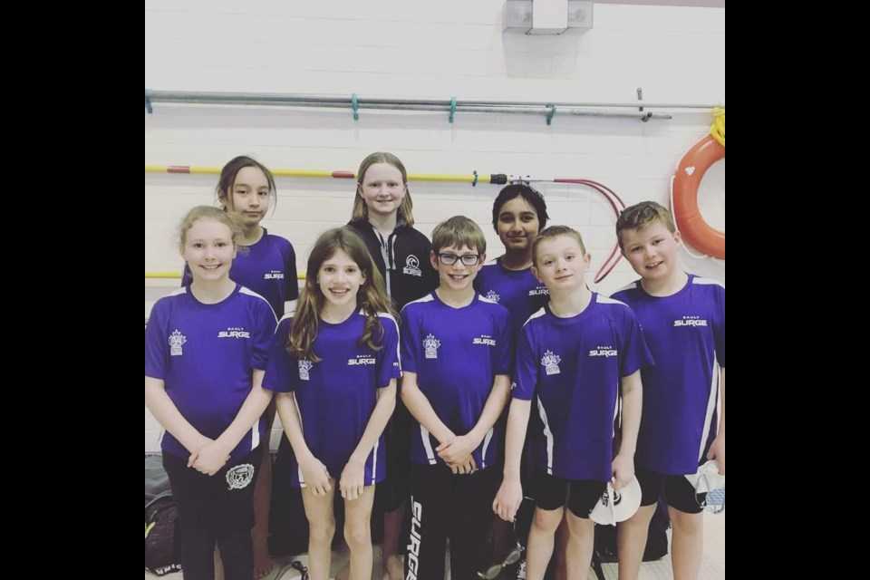 Surge swimmers at the Top Fish meet in Valley East (back row): Cree Chakasim, Lyla Watson, Anirudh Gupta (front row): Eva Robinson, Addison Brown, Oliver Brown, Liam Watson, Alex Bravener. Photo provided