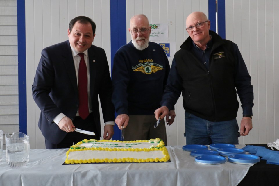 The Canadian Bushplane Heritage Centre (CBHC) celebrated its 30th anniversary Monday. Left to right: Sault Ste. Marie Mayor Christian Provenzano, first-ever CBHC board president Bob Thomas and current CBHC president Kim Park. James Hopkin/SooToday