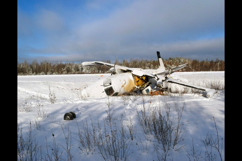 A Mitsubishi MU-2B-60 aircraft registered to Thunder Airlines Limited crashed at the Wawa Airport on Nov. 27, 2023. The Transportation Safety Board says a miscommunication about runway conditions led to the flight crew attempting to land in up to 8 inches of snow.