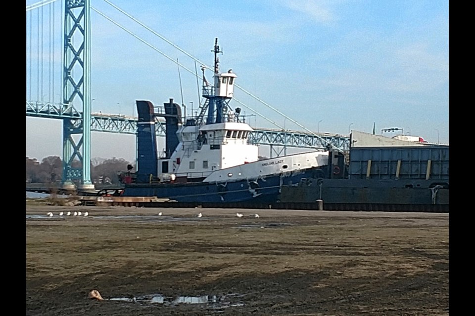 The United States Coast Guard says the Anglian Lady, a tugboat registered to Purvis Marine Limited, collided with a pier on the Detroit River Friday morning. Photo supplied