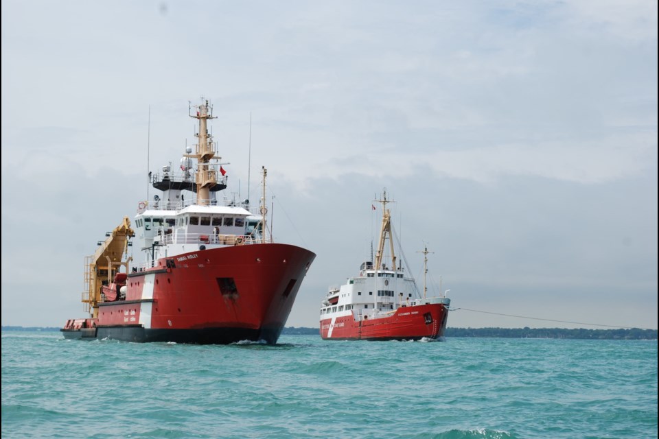 The Canadian Coast Guard Ship Samuel Risley met up with a former Coast Guard buoy tender on Lake St. Clair Friday June 23 2017. Photo provided by Canadian Coast Guard