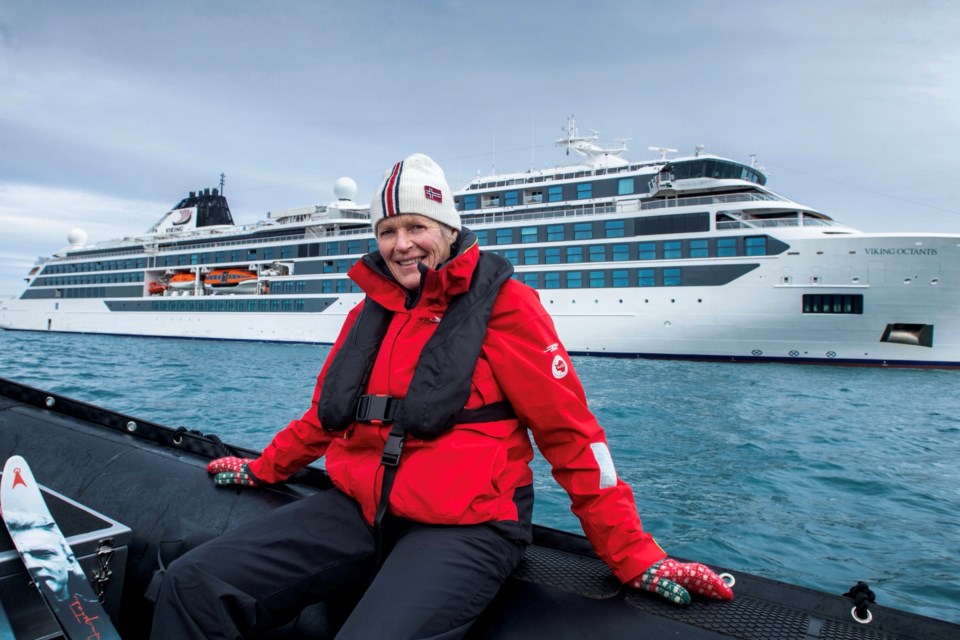 Viking Octantis, shown with godmother Liv Arnesen in foreground. Arnesen, the first woman to ski solo to the South Pole, was chosen to christen the new cruise ship and to bless the safety of its crew and passengers