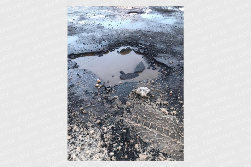 A Sault motorist struck a large piece of asphalt beside this pothole near the intersection of Vera Street and Adeline Avenue in February, causing more than $900 in damages to their vehicle. An independent adjuster hired by the City of Sault Ste. Marie rejected the damage claim after the driver failed to submit a claim within the 10-day reporting period as per the province's Municipal Act.   