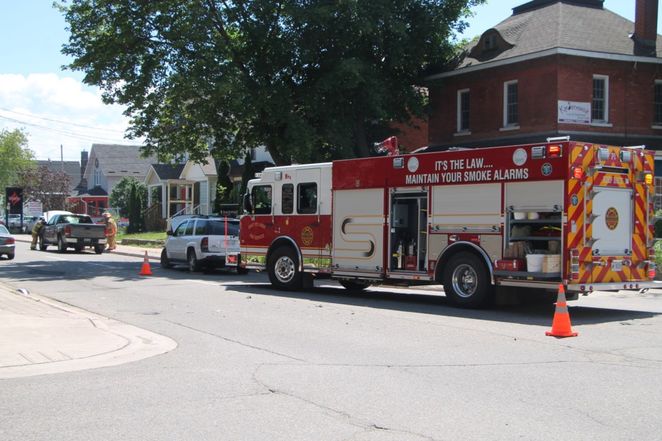Sault Fire Services attended the scene of a two-vehicle collision at the corner of Albert Street East and Spring Street, July 26, 2016. Darren Taylor/SooToday
