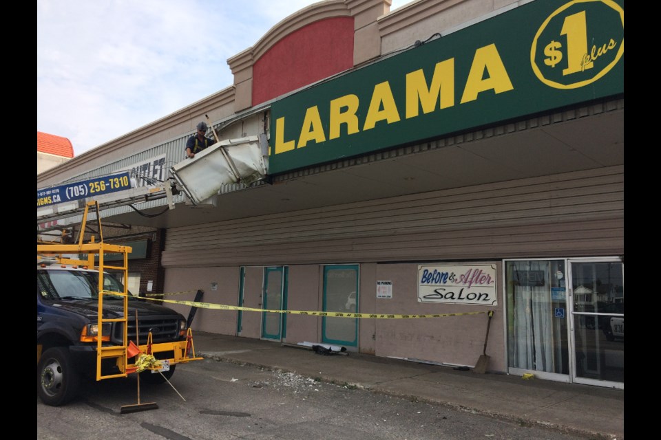 Damage caused to Market Mall exterior by delivery truck, Sept. 26, 2017. Reader submitted photo.