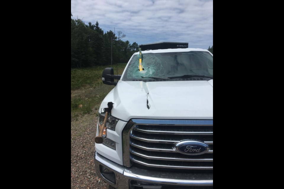 Wawa's Kevin Byrnes is fortunate to be alive and uninjured after two axes flew off a vehicle and hit his truck on Highway 17, July 24, 2018. Photo supplied by Kevin Byrnes