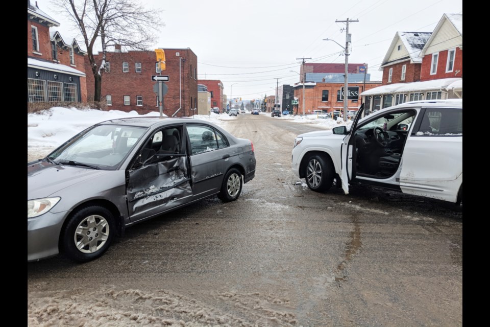 A two-vehicle motor collision occurred at the corner of Albert Street East and Spring Street, Jan. 23, 2020. Darren Taylor/SooToday