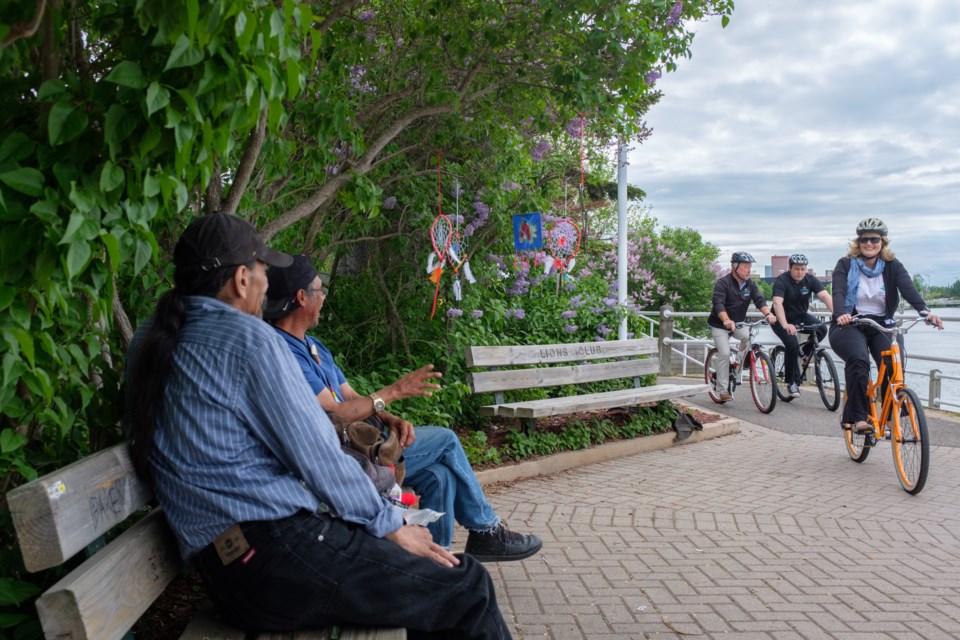 Dignitaries and others biked from city hall to Mill Square to celebrate the launch of the Lake Superior Water Trail and the Great Lakes Waterfront Trail on Friday. Jeff Klassen/SooToday