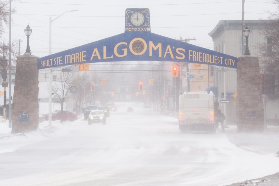 Sault Ste. Marie’s welcome arch seen during a significant weather event on Wednesday. Environment Canada says gusts of up to 80 km/h can be expected.