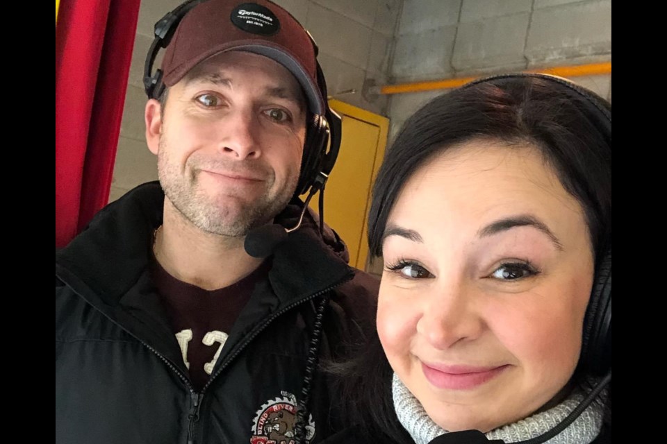 Conseil scolaire public du Grand Nord de l'Ontario's Hélène Rancourt with her husband volunteering for the Hockey Night in Blind River, home of the Beavers. (supplied photo)