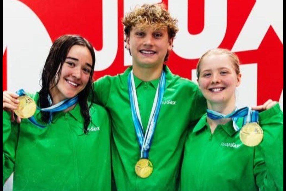 Saskatchewan's Lila Stewart, Cash Tarasoff and Isa Koop won gold in the Diving Mixed Team Event on Sunday.