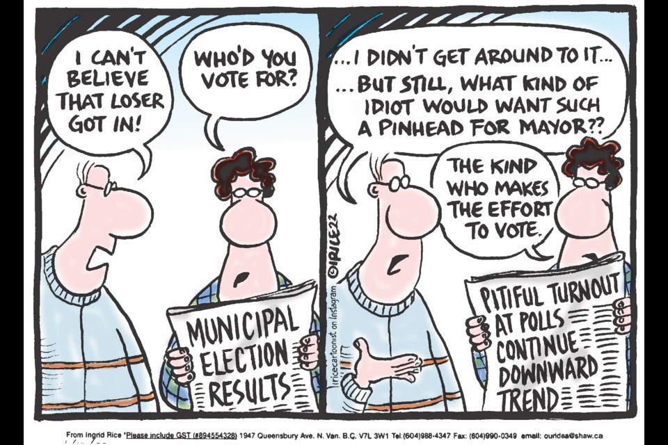Political cartoonist Ingrid Rice takes aim at the low voter turnout in local elections on Oct. 15. Squamish's turnout was 41%.