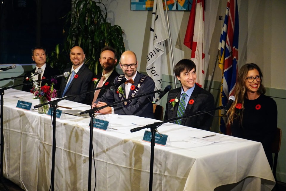 Council swearing-in held Nov. 1, 2022, at the Squamish Valley Golf Course.  (Missing is Coun. Lauren Greenlaw, who was sworn in at a later ceremony.)