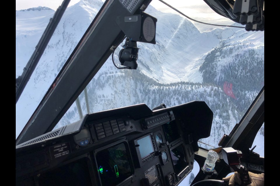 The view from the rescue CH-149 Cormorant helicopter from 442 Transport and Rescue Squadron during the Squamish rescue.