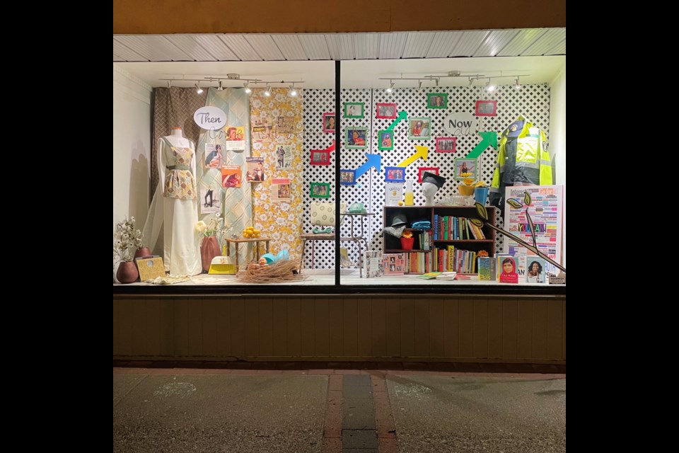 The International Women's Day window at Pearl's Value & Vintage. 