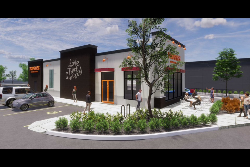 A rendering of the newest Popeyes that was built with Nexii building supplies.