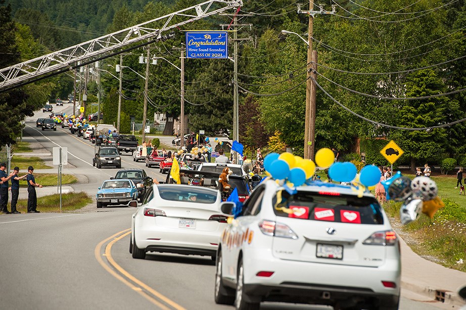 The 2021 Howe Sound Secondary School graduation parade from Howe Sound Secondary to Don Ross Middle school in Brackendale.  Saturday, June 12th, 2021.  