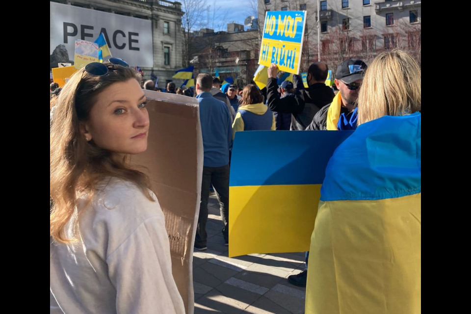 Squamish's Olena Horodyska attends a rally in Vancouver in support of Ukraine. 