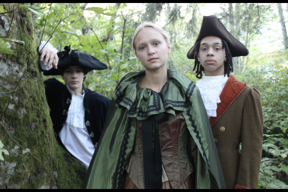 From left to right: Ben Moore as Brom Bones, Sienna Bartlett as Katrina Van Tassel, Demery Wilson Rymer as Ichabod Crane.
