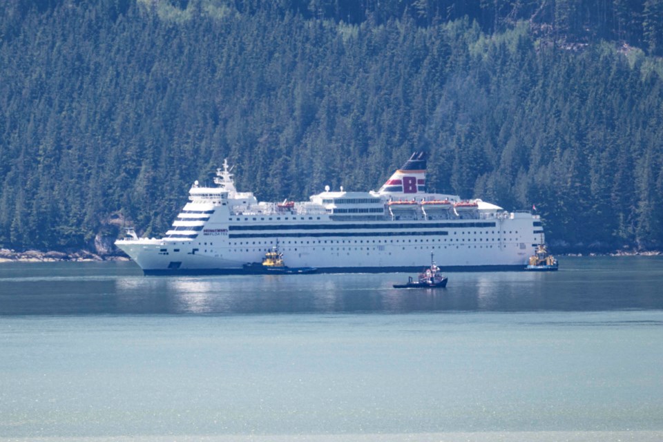 The floatel, the MV Isabelle X , arriving at the Woodfibre LNG site, Friday afternoon.