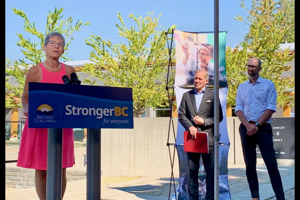 Minister of Post-Secondary Education and Future Skills, Selina Robinson at the announcement as the president of Capilano University, Paul Dangerfield and Squamish Mayor Armand Hurford look on.