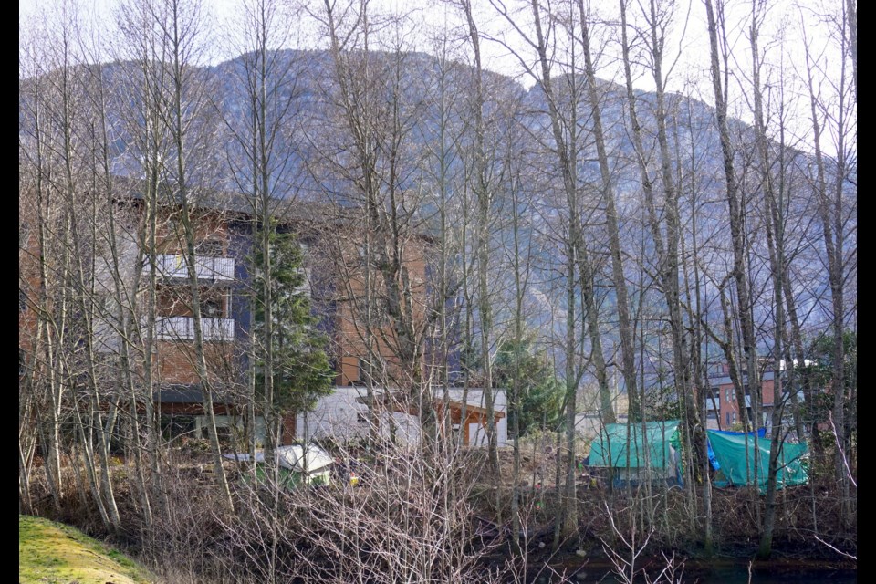 It can be seen through the trees that people are living in tents behind Under One Roof, downtown, at 37871 Third Avenue.                           