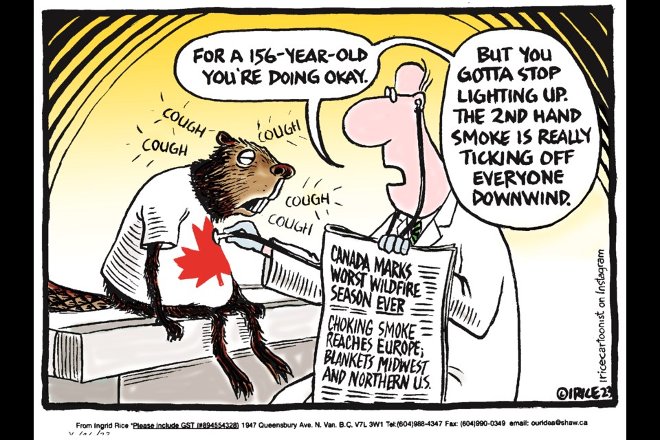Political cartoonist Ingrid Rice takes aim at the many wildfires burning as Canada turns 156 on July 1.