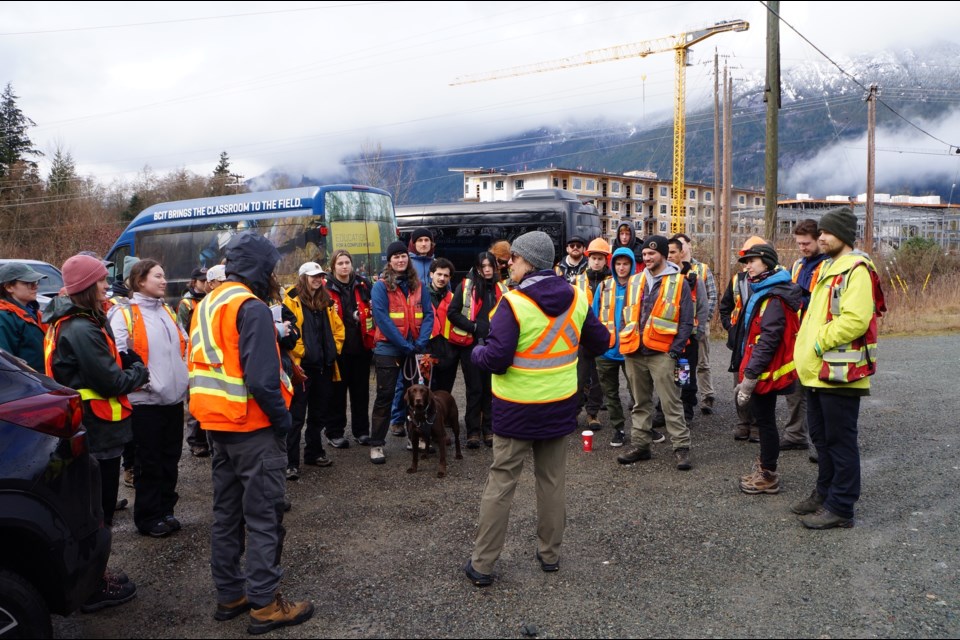 The Squamish River Watershed Society's Edith Tobe speaks to the students on March 20, along the Mamquam River in Squamish.                                 