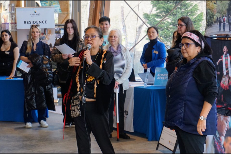 At least 100 people attended the open house at the Squamish Adventure Centre. They were welcomed by a short history lesson and song from Sḵwx̱wú7mesh Úxwumixw (Squamish Nation) member Tsawaysia Spukwus (Alice Guss).                               