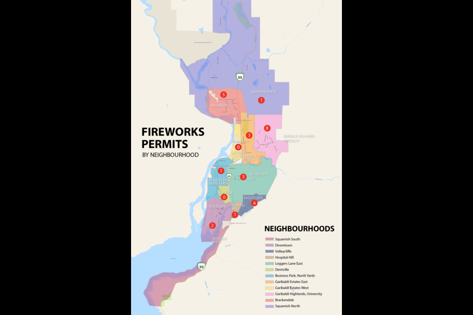 This District of Squamish map shows where permits were issued for fireworks. 