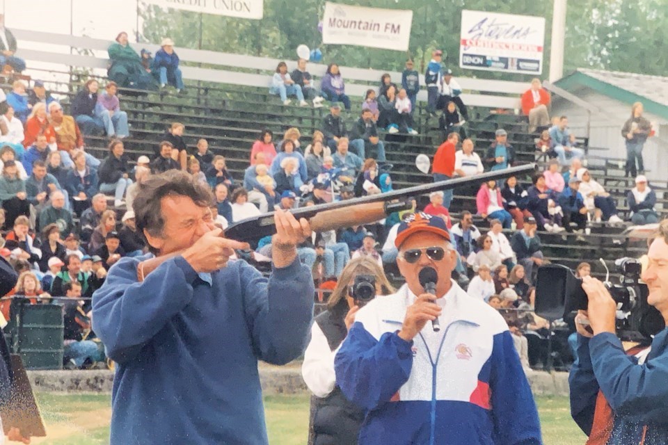 Al McIntosh MCing at the Squamish Days Loggers Sports sometime in the 1990s.