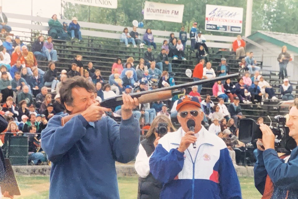 Al McIntosh MCing at the ƵappDays Loggers Sports sometime in the 1990s.